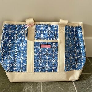 Vineyard Vines Blue Mosaic Canvas Tote with Cream Trim